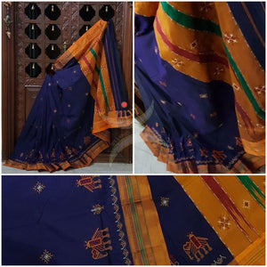 Royal blue silk cotton ilkal with traditional anne ambari motif kasuti embroidery and mustard tope teni pallu
