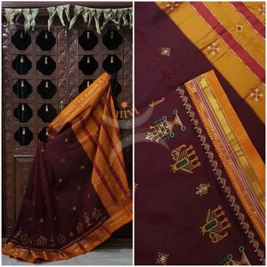Maroon silk cotton ilkal with traditional anne ambari motif kasuti embroidery and mustard tope teni pallu