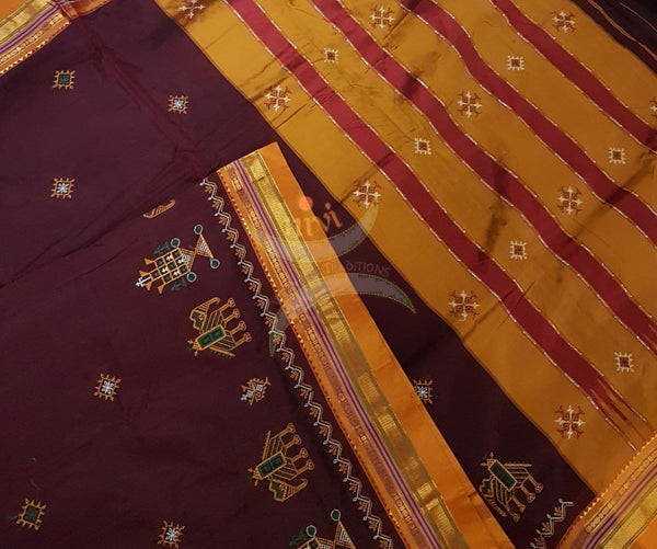 Maroon silk cotton ilkal with traditional anne ambari motif kasuti embroidery and mustard tope teni pallu