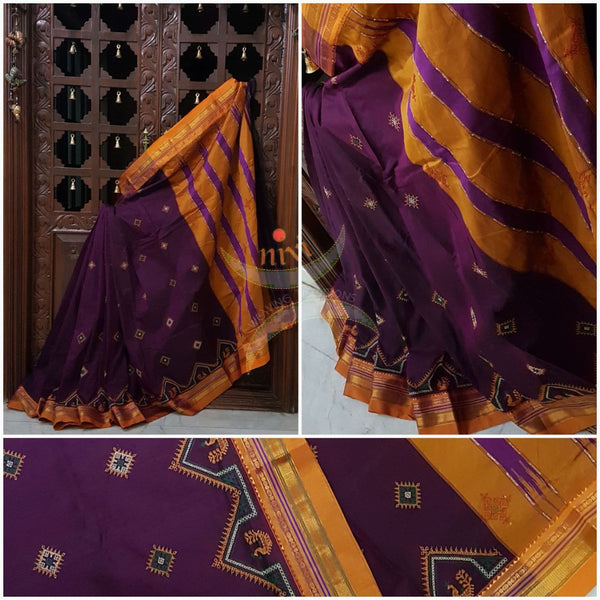 Purple silk cotton ilkal with traditional peacock motif kasuti embroidery and mustard tope teni pallu