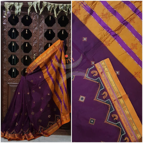 Purple silk cotton ilkal with traditional peacock motif kasuti embroidery and mustard tope teni pallu