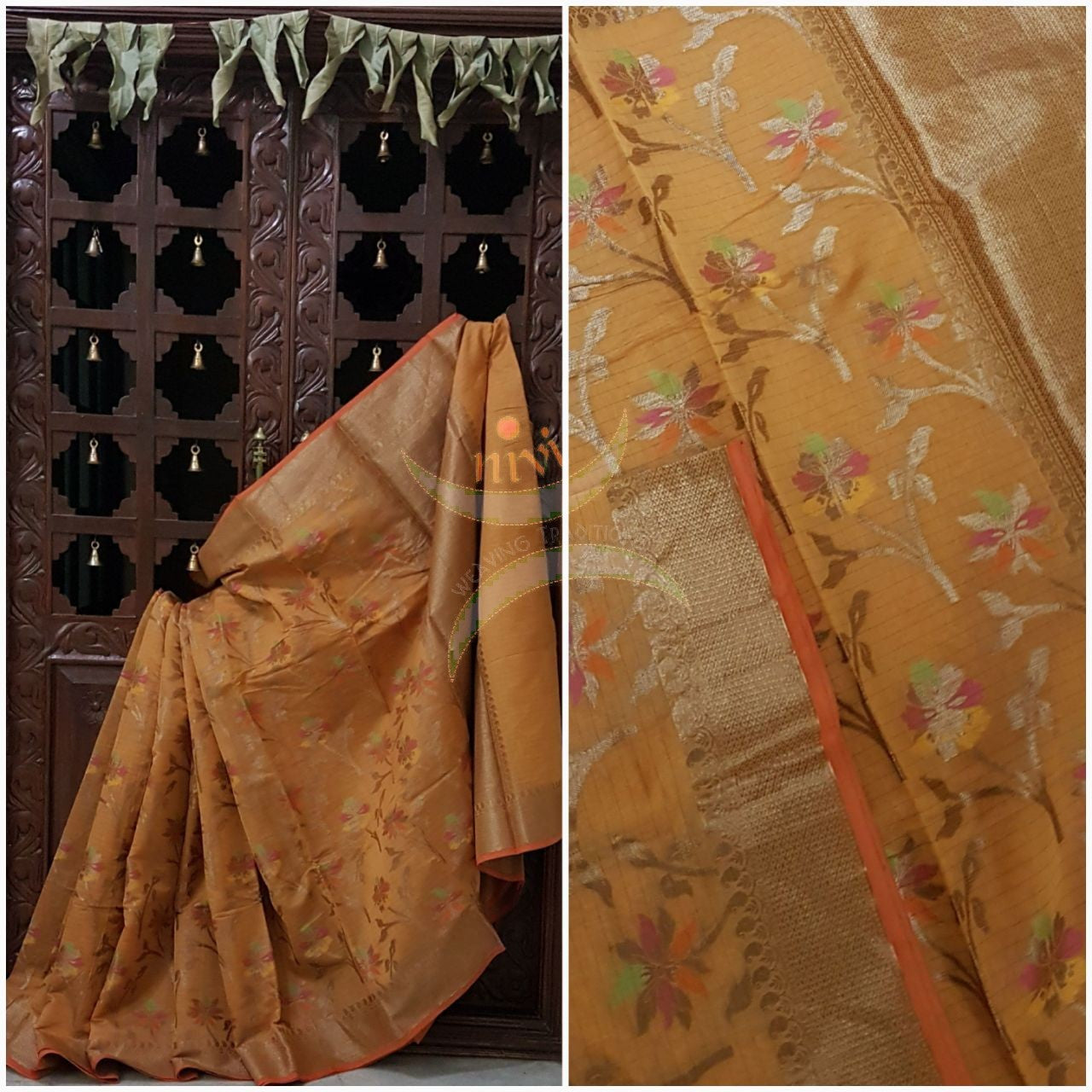 Mustard gold Linen Cotton Benaras Brocade saree with floral motifs and antique zari weaving all over the saree.