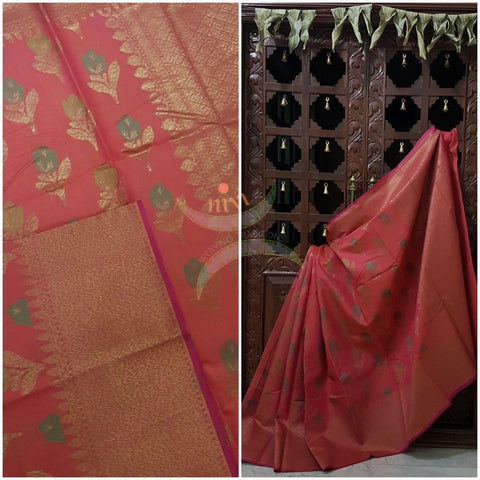 Peach shot pink Linen slub Cotton Benaras Brocade saree with floral motifs and antique zari weaving all over the saree.