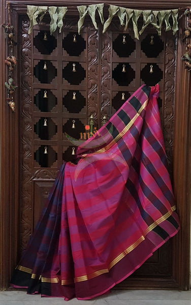 Pink with blue half and half cotton blended saree with contrasting maroon border and striped pallu.