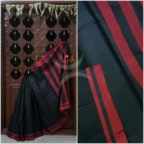 Black cotton blended saree with contrasting maroon border and striped pallu.