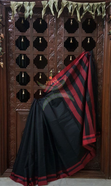 Black cotton blended saree with contrasting maroon border and striped pallu.