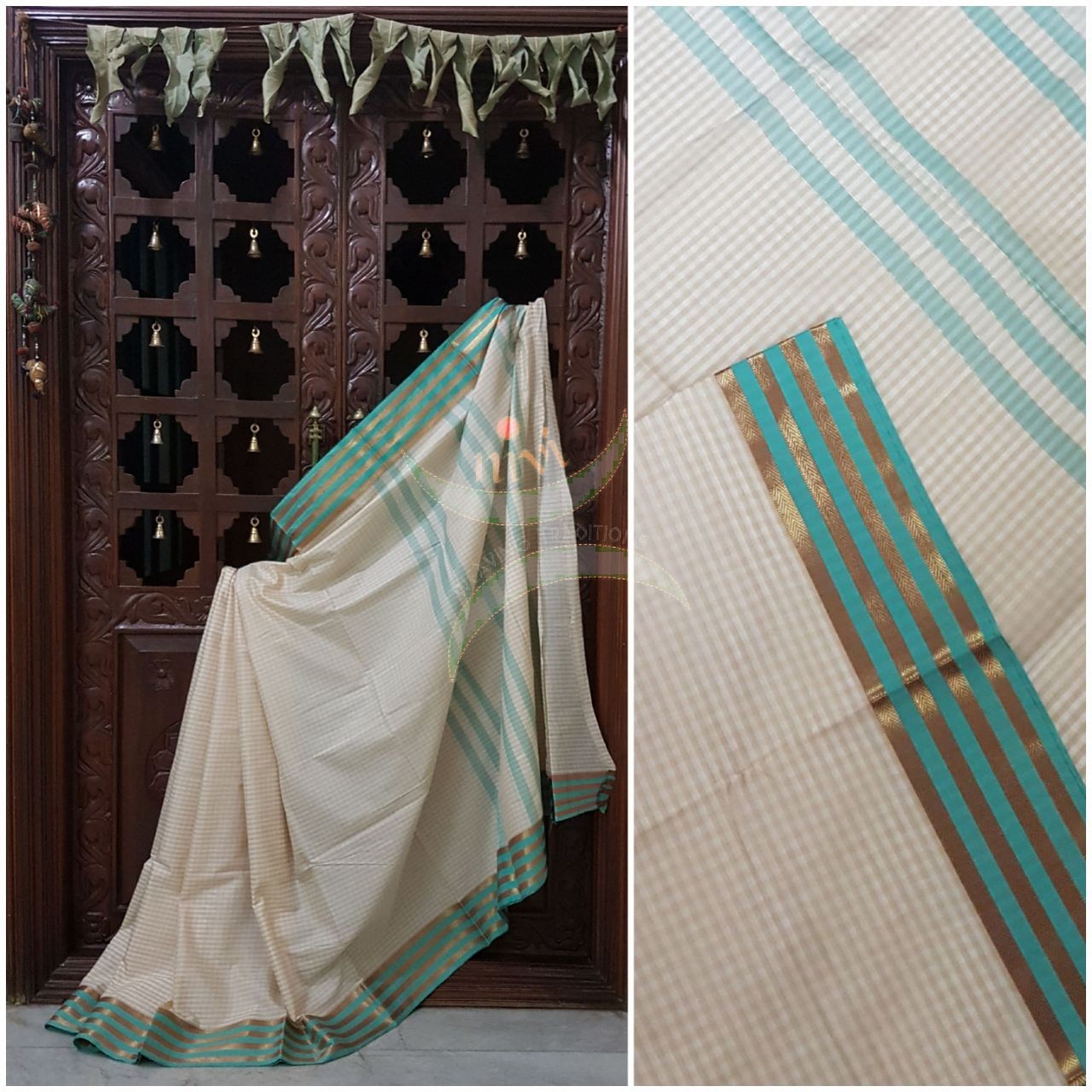 Off white with sea green chequared cotton blended saree with contrasting pink border and striped pallu.