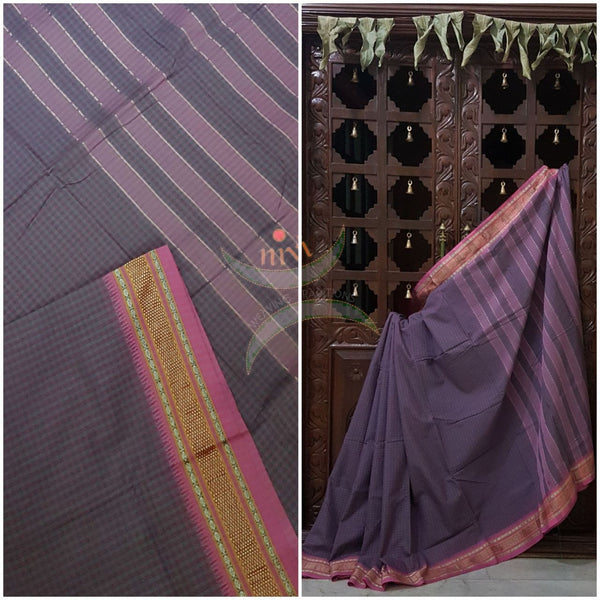 Grey with pink narayanpet chequared cotton blended saree with contrasting pink border and striped pallu.