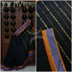 Black cotton blended saree with contrasting blue mustard border and striped pallu.