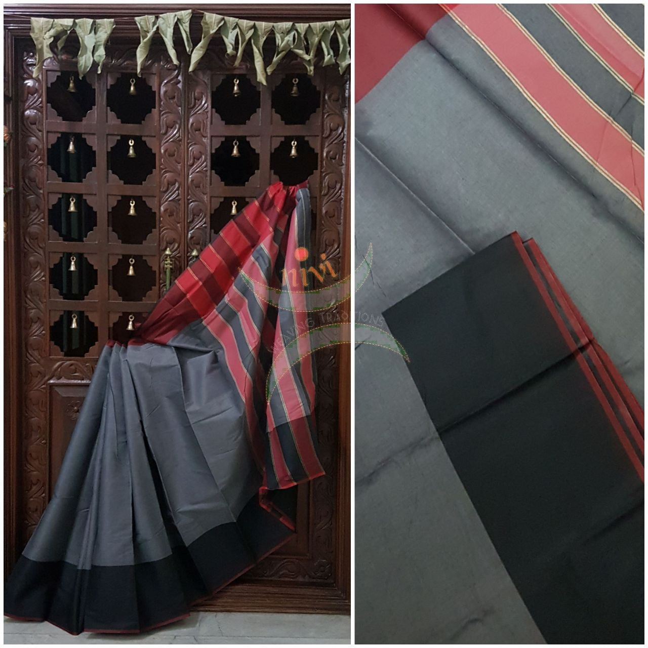 Grey cotton blended saree with contrasting black maroon border and striped pallu.