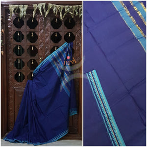 Blue cotton blended saree with contrasting sky blue border and striped pallu.