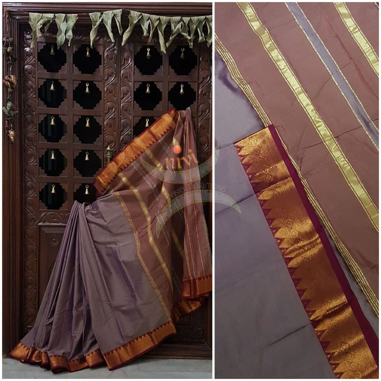 Grey shot maroon merserisef dharwad cotton with traditional maroon red border and striped pallu.