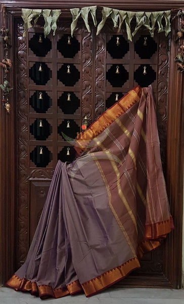 Grey shot maroon merserisef dharwad cotton with traditional maroon red border and striped pallu.