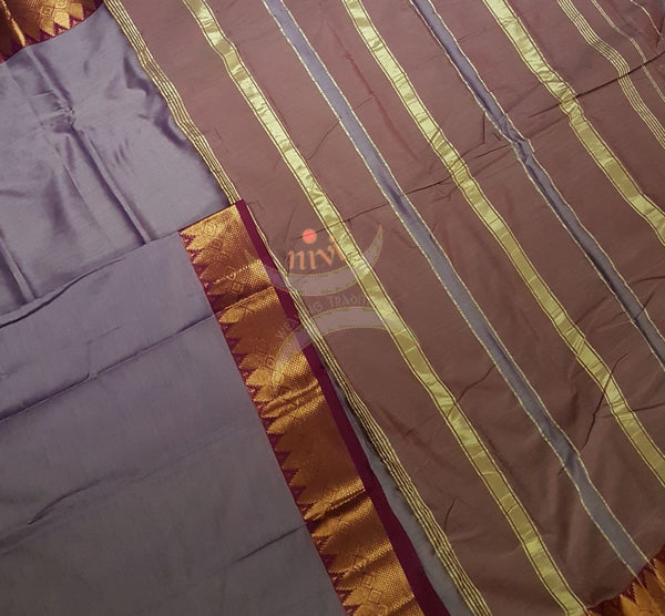 Grey shot maroon merserisef dharwad cotton with traditional maroon red border and striped pallu.