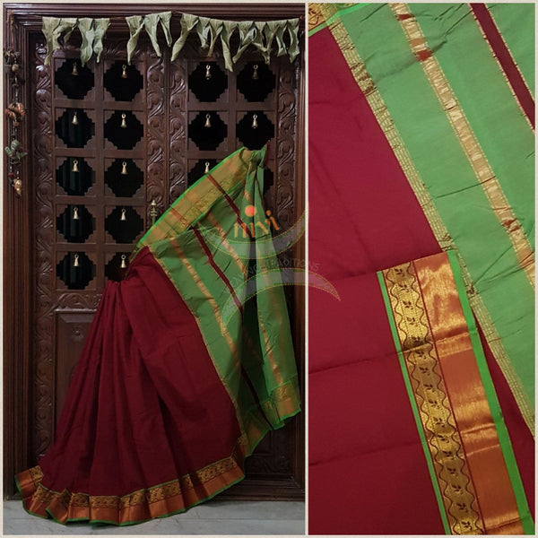 Red with green merserised dharwad cotton with traditional green border and striped pallu.