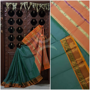 Sea green with mustard orange merserised dharwad cotton with traditional mustard border and striped pallu.