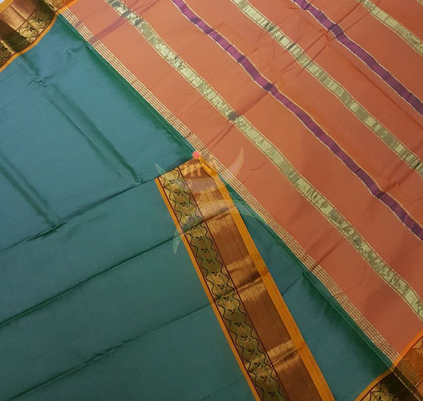 Sea green with mustard orange merserised dharwad cotton with traditional mustard border and striped pallu.