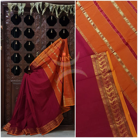 Red with mustard merserised dharwad cotton with traditional mustard border and striped pallu.