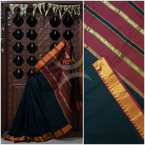 Bottle green with maroon merserised dharwad cotton with traditional maroon border and striped pallu.