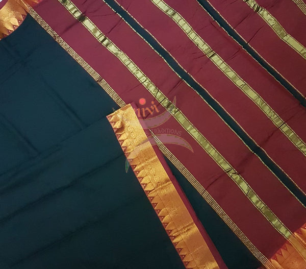 Bottle green with maroon merserised dharwad cotton with traditional maroon border and striped pallu.