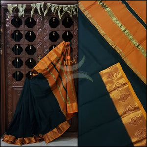 Bottle green with mustard merserised dharwad cotton with traditional mustard border and striped pallu.
