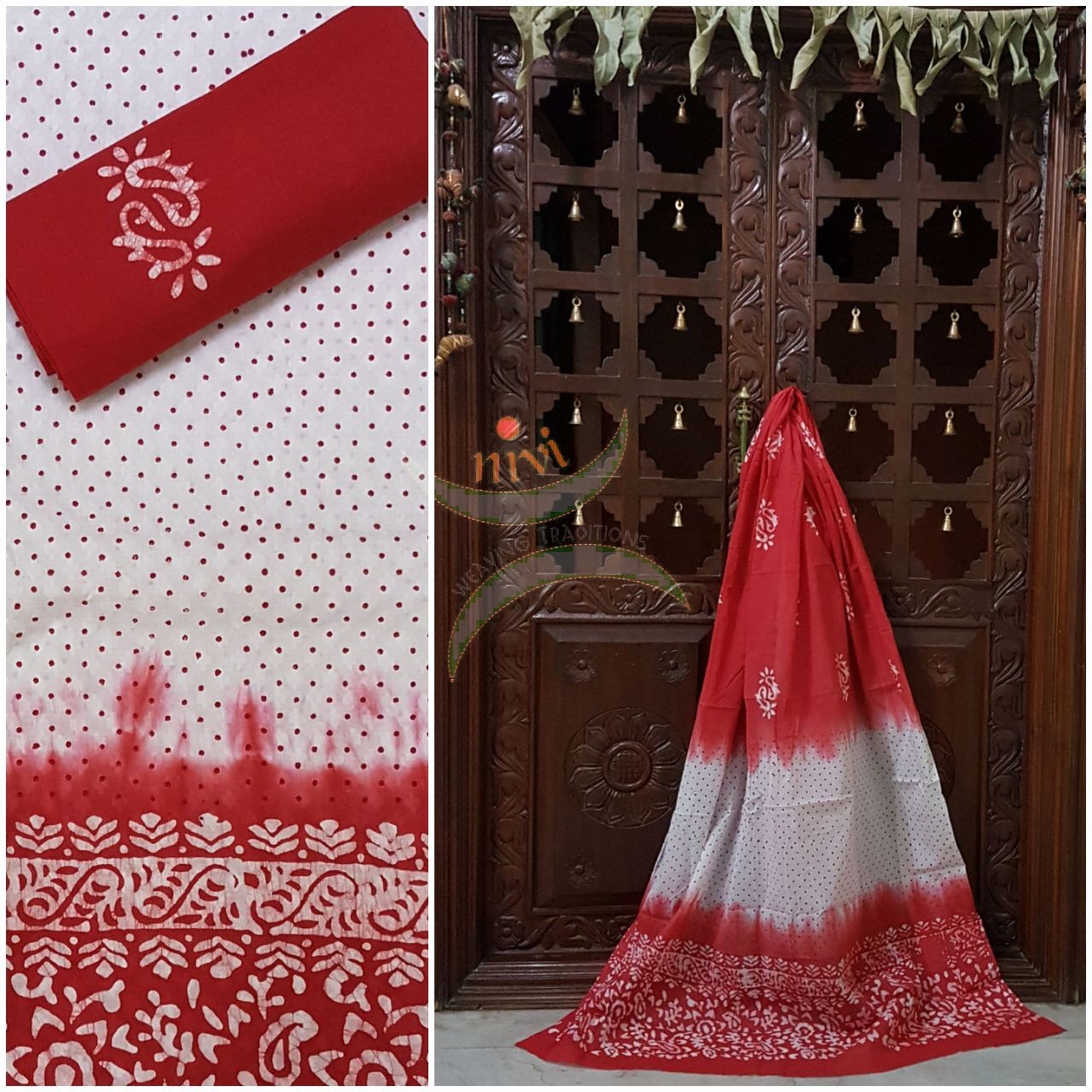 Off white with Red batik three piece pure merserised  cotton suit with self woven floral pattern all over.