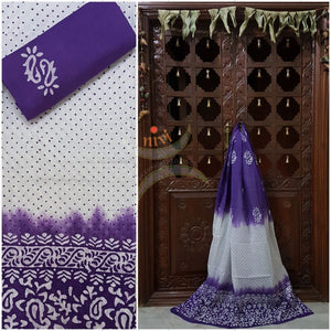 Off white with purple batik three piece pure merserised cotton suit with self woven floral pattern all over.