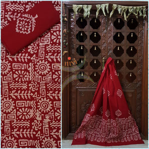 Maroon red Batik printed three piece pure merserised  cotton suit.dress material is printed with abstract floral motif.