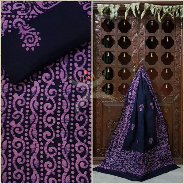Navy blue with pink Batik printed three piece pure merserised cotton suit.dress material is printed with abstract floral motif.