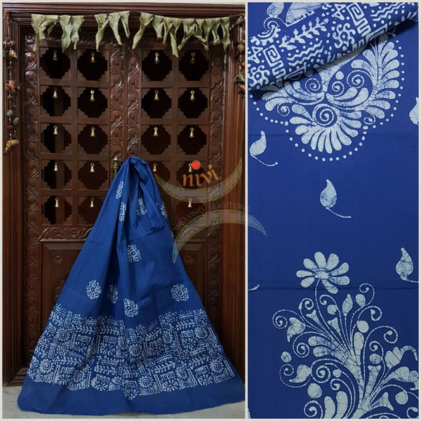 Indigo blue Batik printed three piece pure cotton suit.dress material is printed with abstract floral motif.
