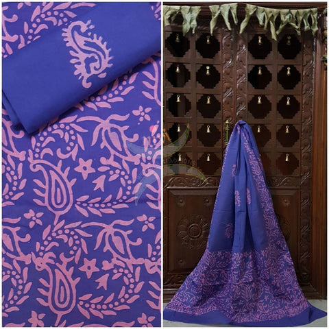Blue Batik printed three piece pure merserised cotton suit.dress material is printed with abstract floral motif.