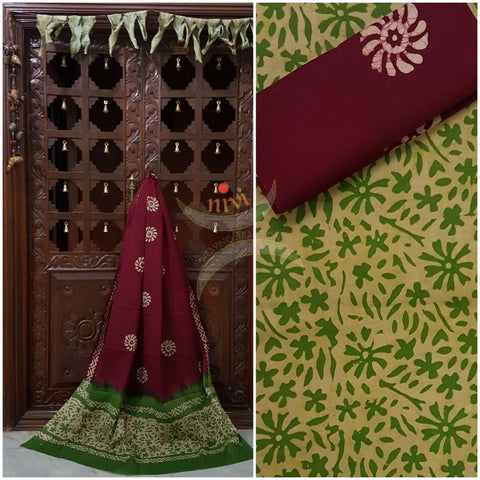 Green with Maroon Batik printed three piece pure merserised cotton suit. Dress material is printed with abstract floral motif.