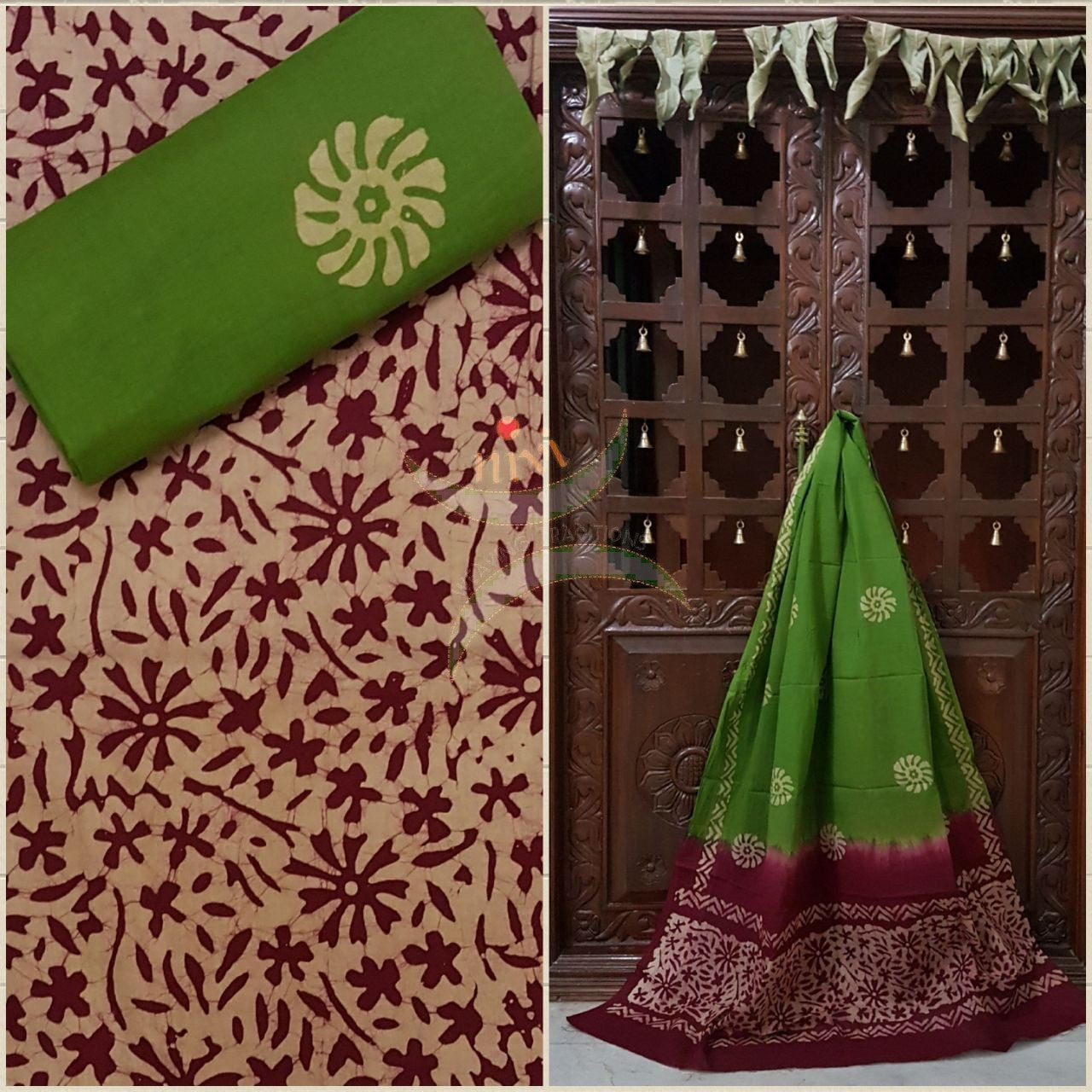 Maroon with Green Batik printed three piece pure merserised cotton suit. Dress material is printed with abstract floral motif.