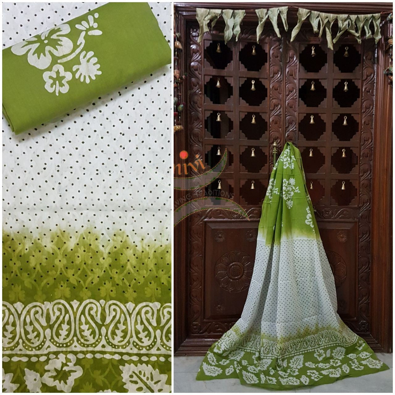 Off white with green batik three piece pure merserised  cotton suit with self woven floral pattern all over.