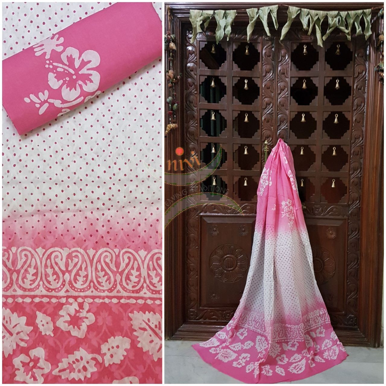 Off white with pink batik three piece pure merserised  cotton suit with self woven floral pattern all over.