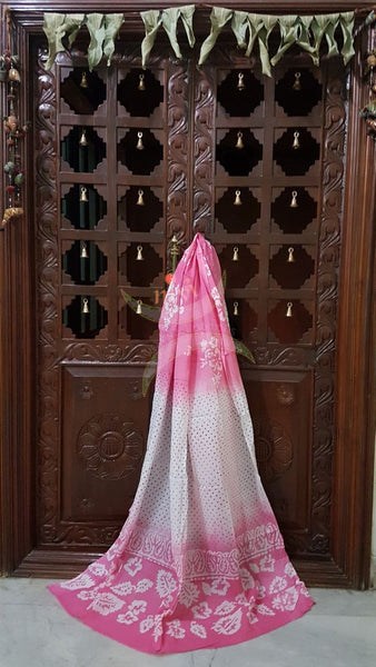 Off white with pink batik three piece pure merserised  cotton suit with self woven floral pattern all over.