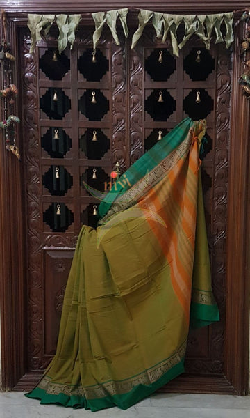 Mehendi green with green Eco friendly natural dyed soft organic cotton saree.