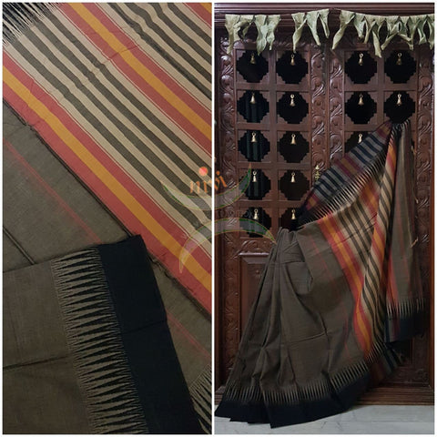 Grey with black Eco friendly natural dyed soft organic cotton with mercerised finish. The saree has thread woven traditional border and  striped pallu.