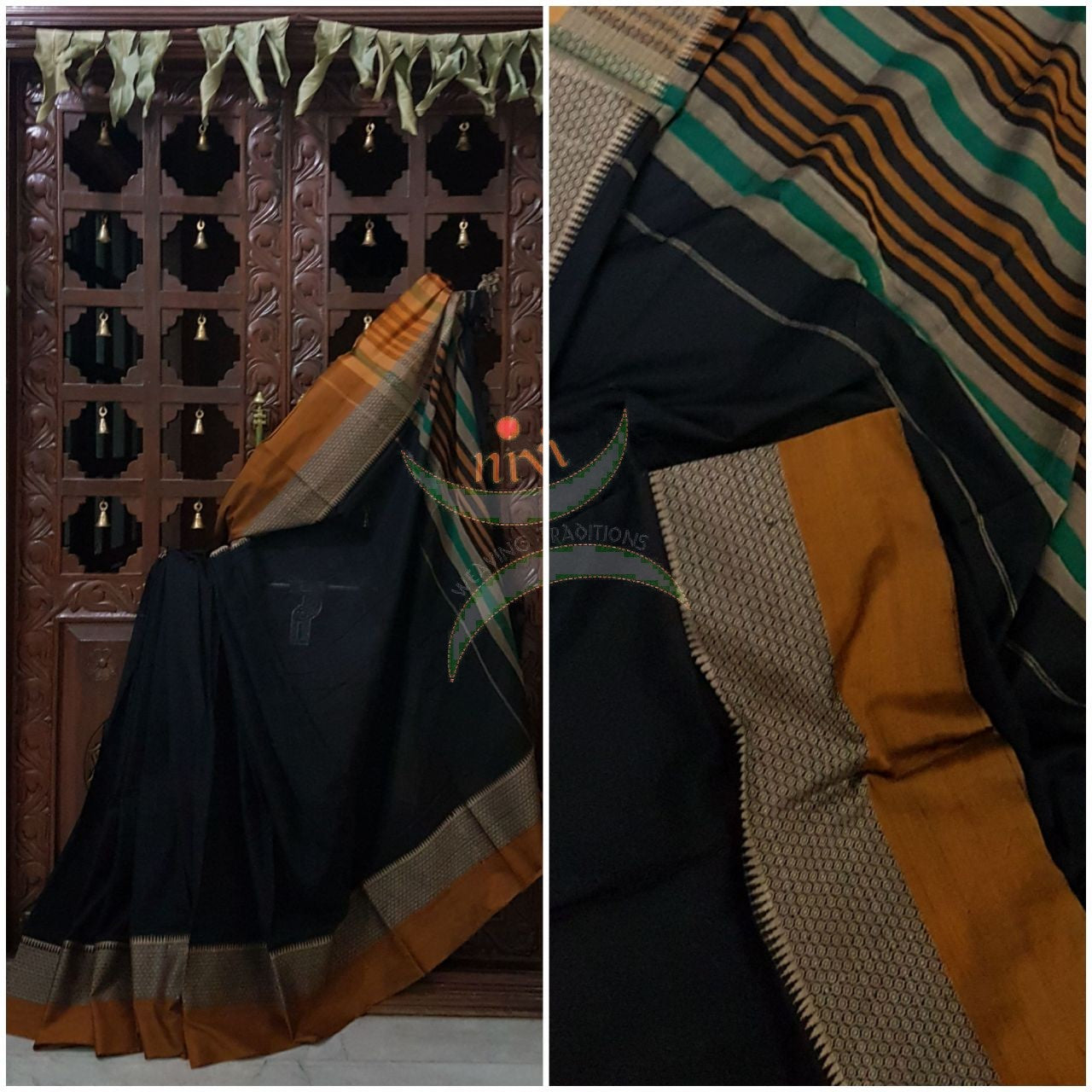 Black with golden yellow Eco friendly natural dyed soft organic cotton with mercerised finish. The saree has thread woven traditional border and  striped pallu.