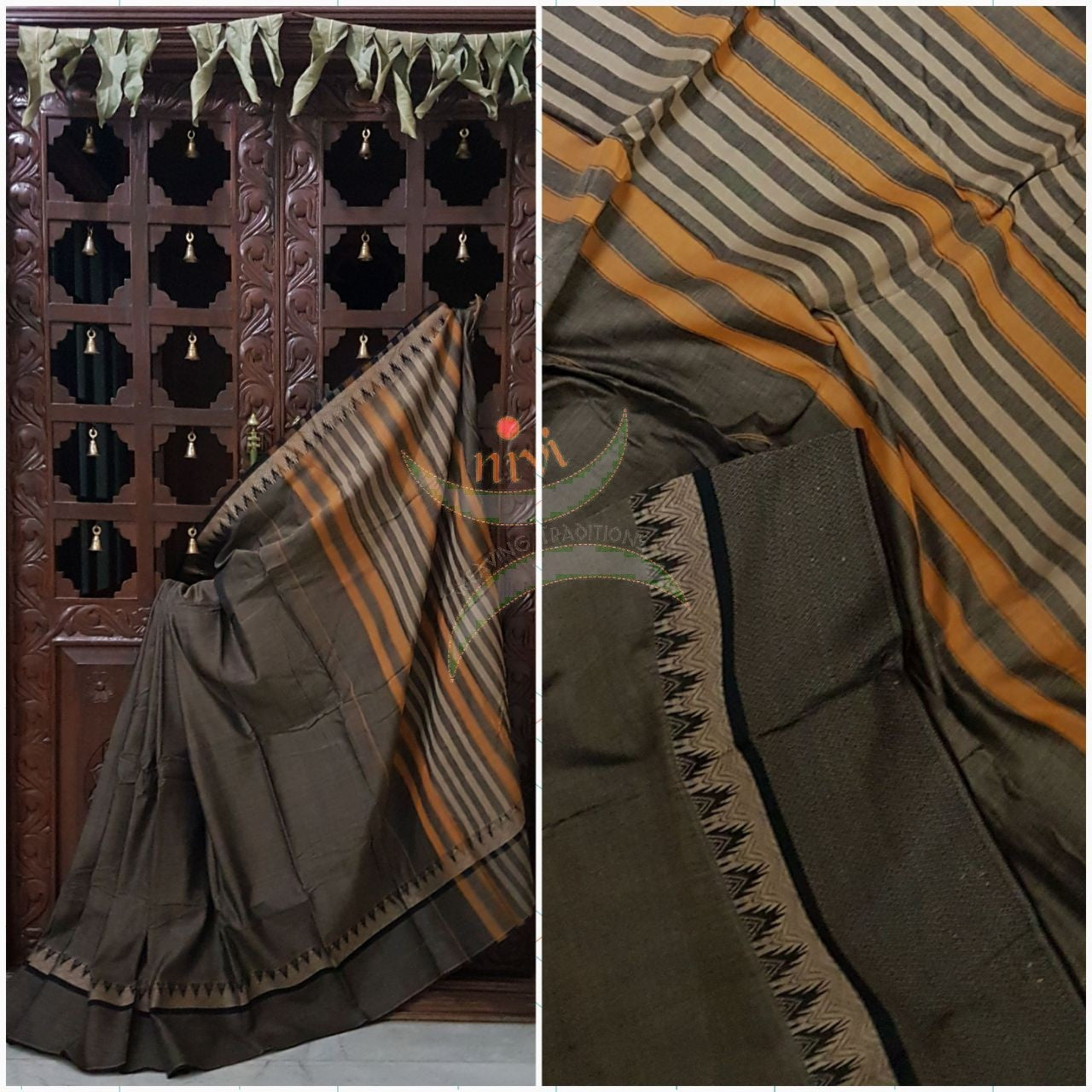Grey with black Eco friendly natural dyed soft organic cotton with mercerised finish. The saree has thread woven traditional border and  striped pallu.
