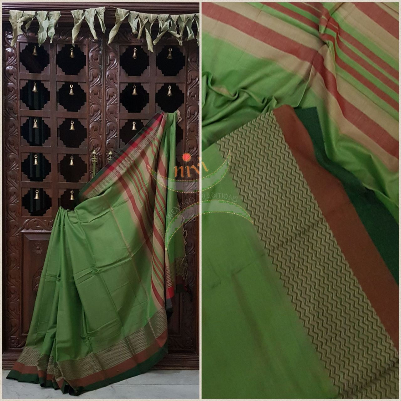 Pista green with red green Eco friendly natural dyed soft organic cotton with mercerised finish. The saree has thread woven traditional border and  striped pallu.