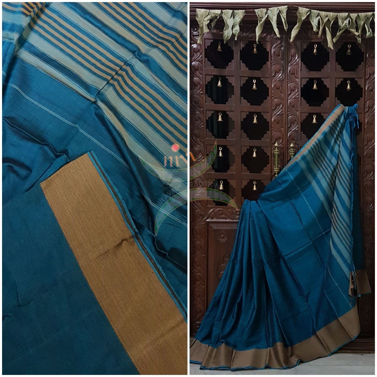 Turquoise blue Eco friendly natural dyed soft organic cotton with mercerised finish. The saree has thread woven traditional border and  striped pallu.