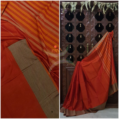 Orange Eco friendly natural dyed soft organic cotton with mercerised finish. The saree has thread woven traditional border and  striped pallu.