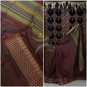 Maroon Eco friendly natural dyed soft organic cotton with mercerised finish. The saree has thread woven traditional border and  striped pallu.