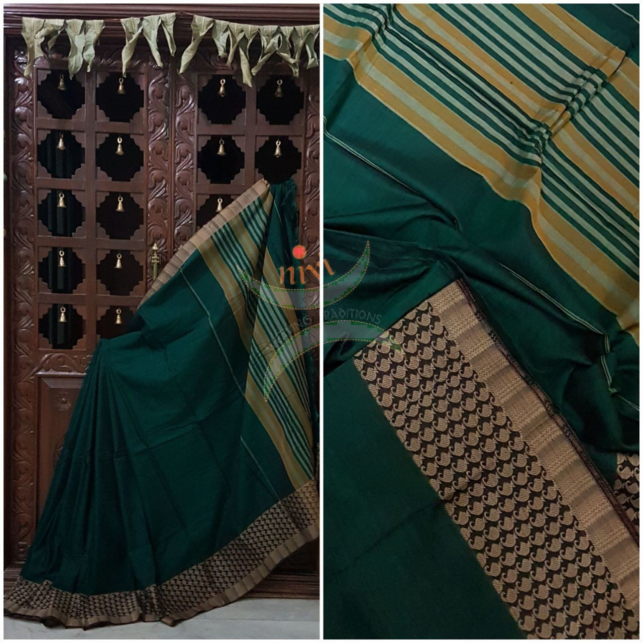 Bottle green Eco friendly natural dyed soft organic cotton with mercerised finish. The saree has thread woven traditional border and  striped pallu.