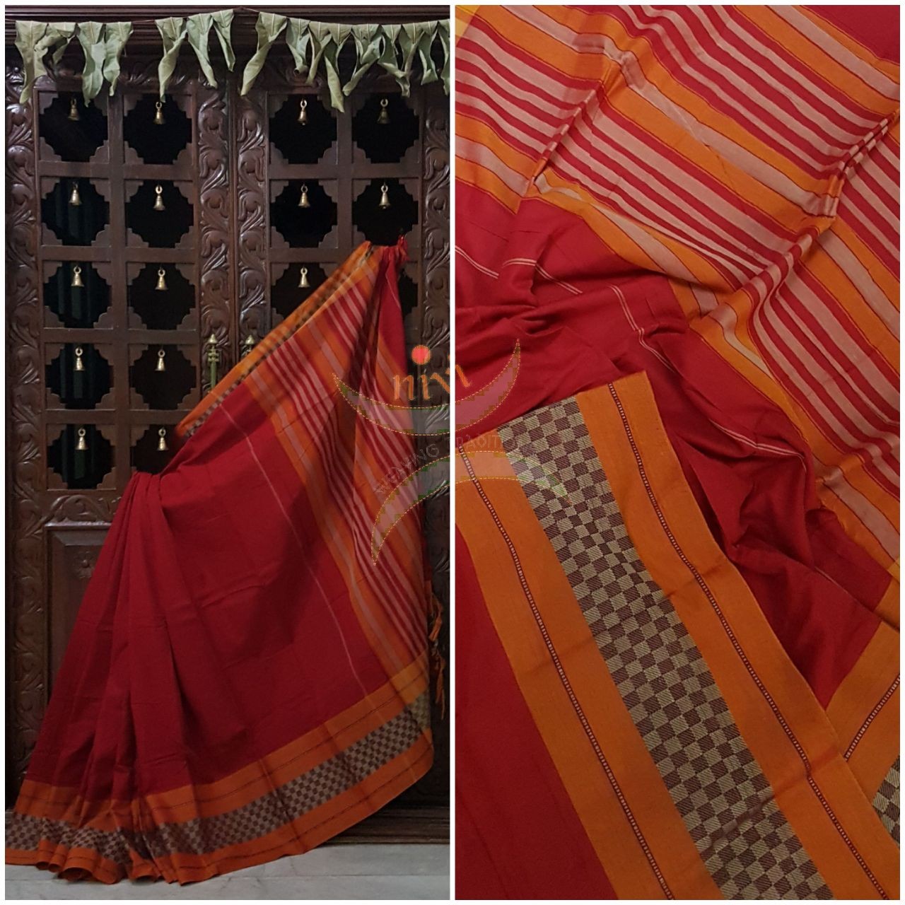 Red with mustard Eco friendly natural dyed soft organic cotton saree.