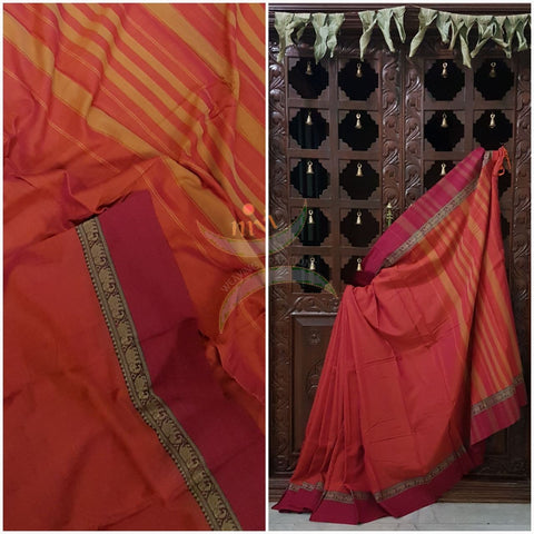 Peachish pink Eco friendly natural dyed soft organic cotton with mercerised finish. The saree has thread woven traditional border and  striped pallu.