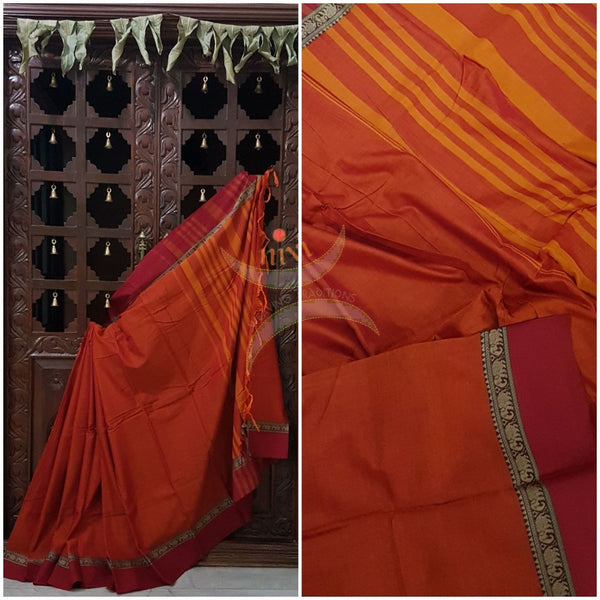 Orange Eco friendly natural dyed soft organic cotton with mercerised finish. The saree has thread woven traditional border and  striped pallu.
