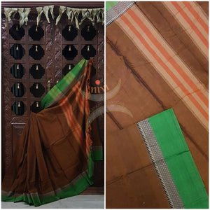 Brown with green Eco friendly natural dyed soft organic cotton with mercerised finish. The saree has thread woven traditional border and striped pallu. Saree comes with running blouse
