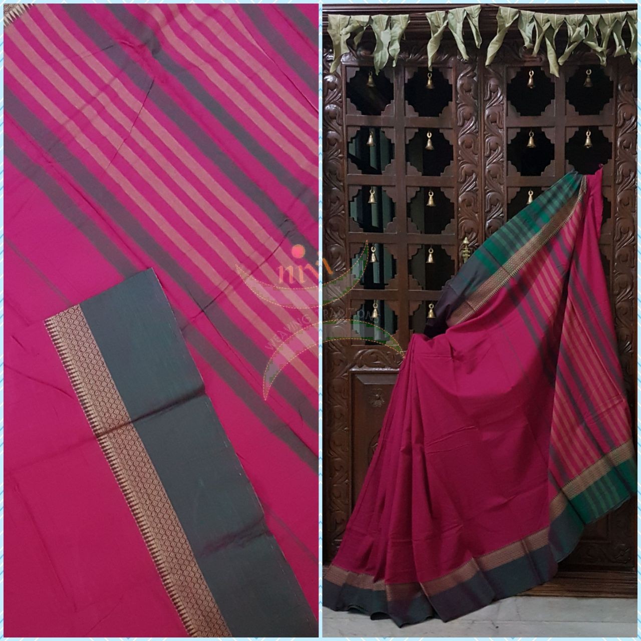 Pink with grey  Eco friendly natural dyed soft organic cotton with mercerised finish. The saree has thread woven traditional border and striped pallu.